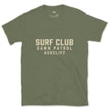 The Surf Club, Dawn Patrol Badge design on a Military Green Gildan Softstyle t-shirt