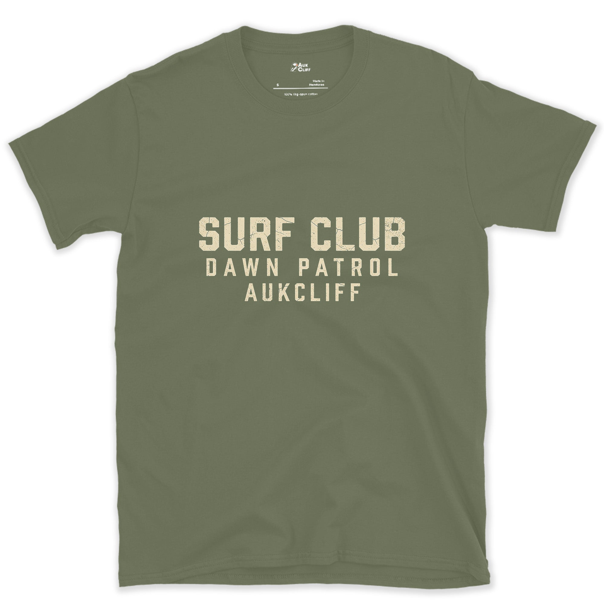 The Surf Club, Dawn Patrol Badge design on a Military Green Gildan Softstyle t-shirt