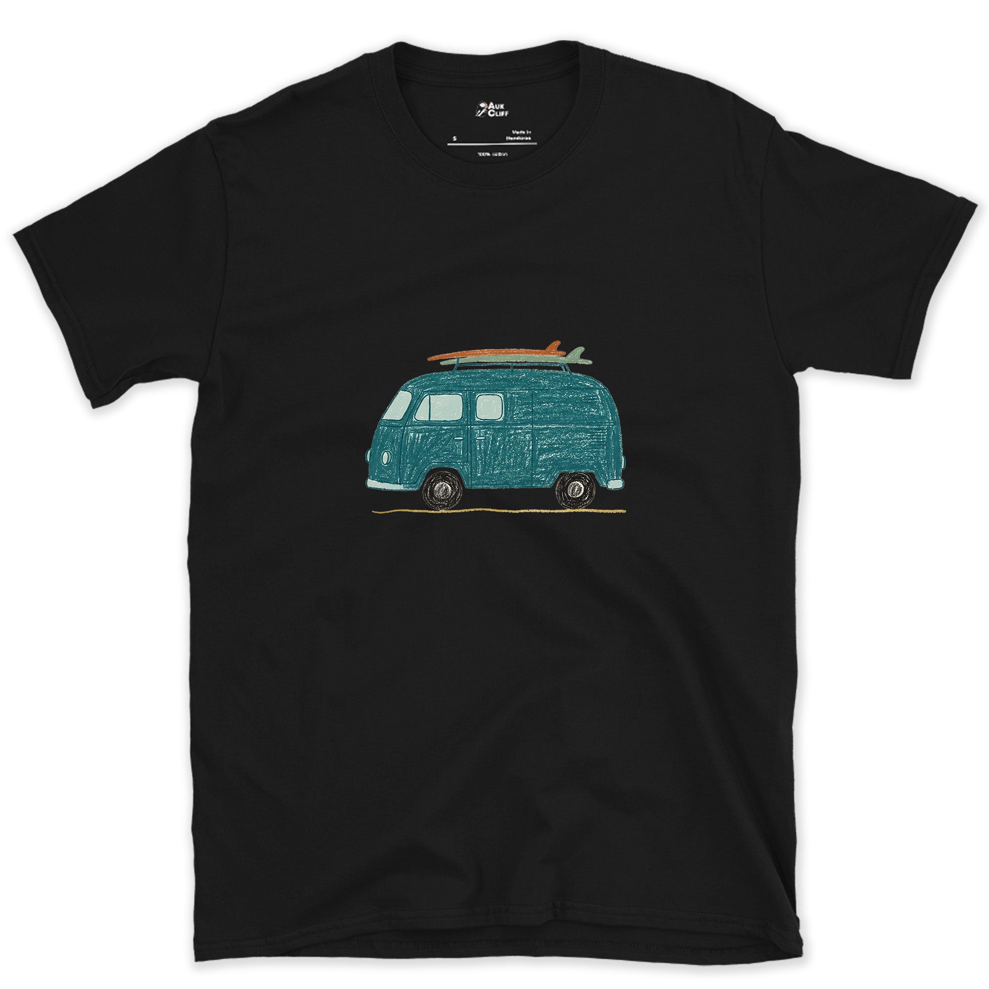 Somewhere Between Here and the Coast, Van Life design on a Black Gildan Softstyle t-shirt