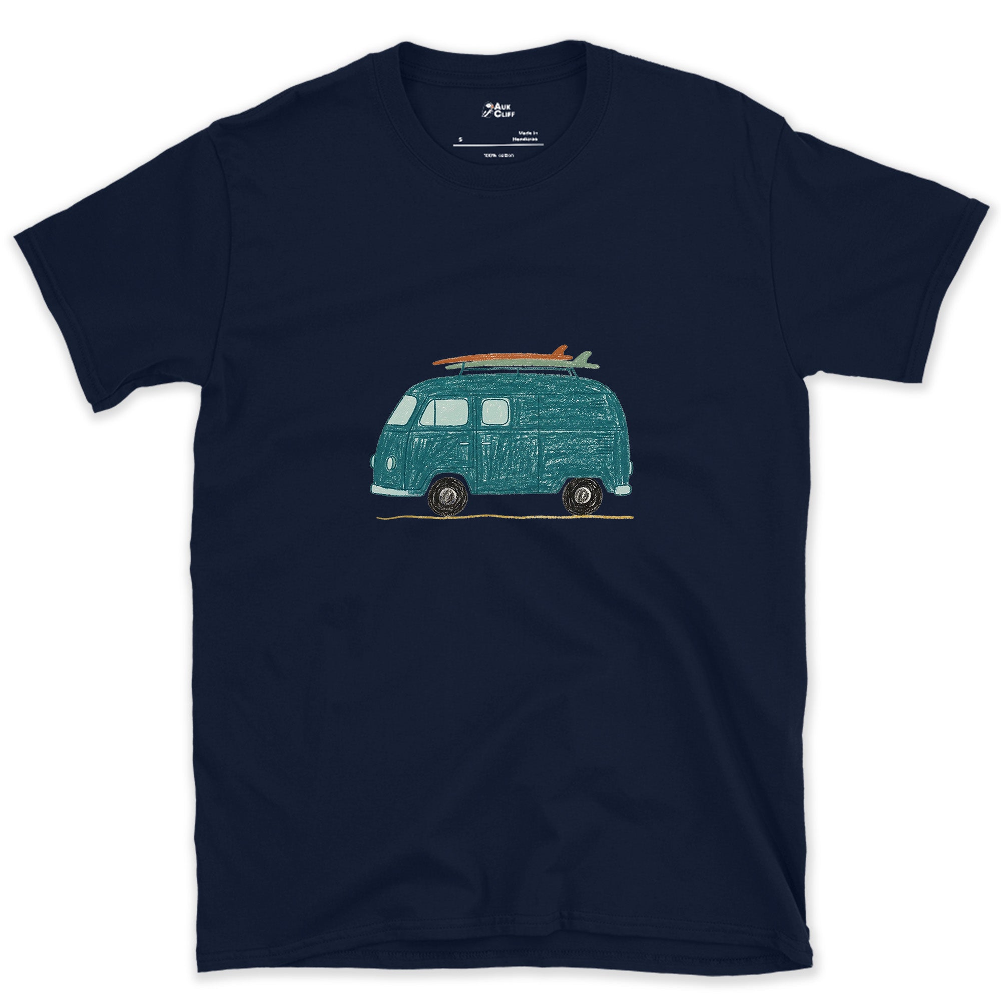 Somewhere Between Here and the Coast, Van Life design on a Navy Gildan Softstyle t-shirt