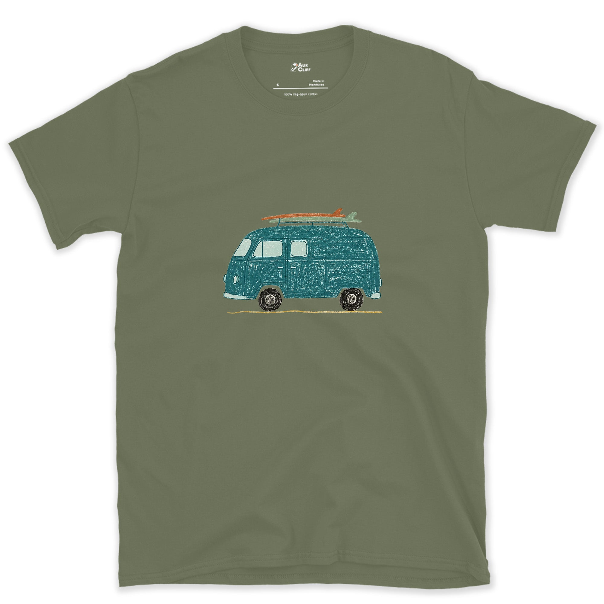 Somewhere Between Here and the Coast, Van Life design on a Military Green Gildan Softstyle t-shirt
