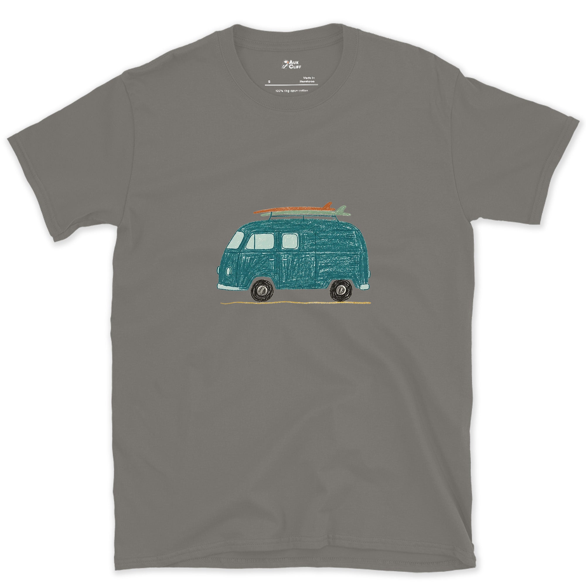 Somewhere Between Here and the Coast, Van Life design on a Charcoal Gildan Softstyle t-shirt