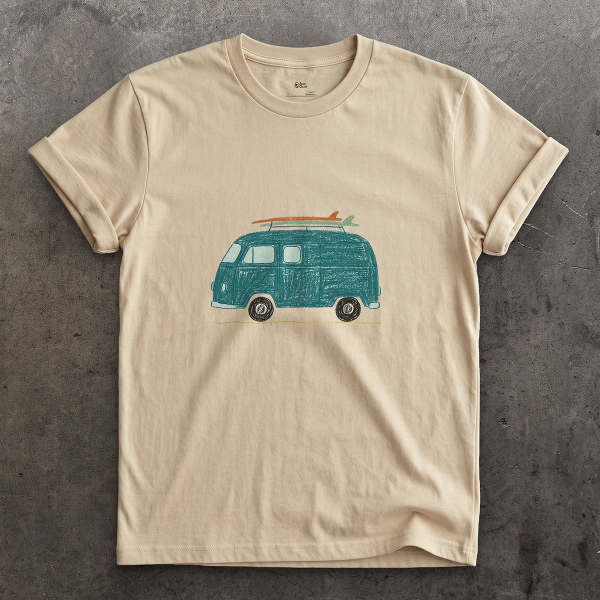 Somewhere Between Here and the Coast, Van Life design on a Sand Gildan Softstyle t-shirt