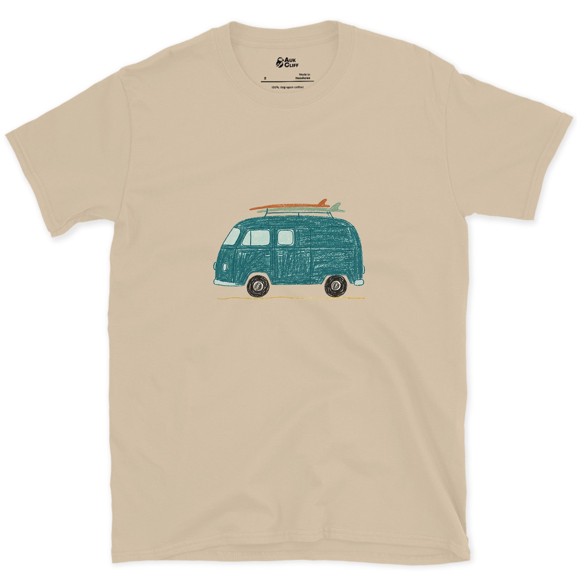 Somewhere Between Here and the Coast, Van Life design on a Sand Gildan Softstyle t-shirt