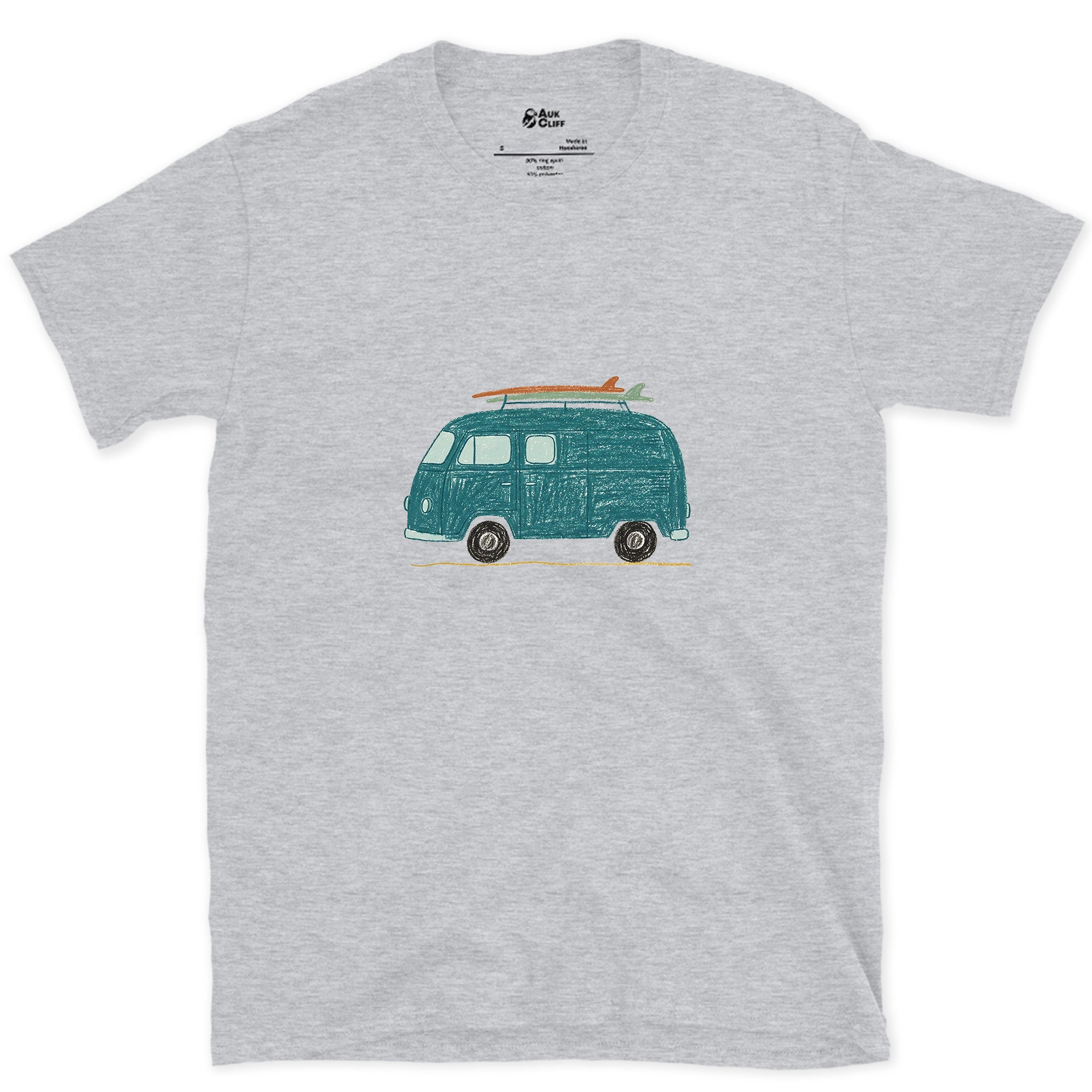 Somewhere Between Here and the Coast, Van Life design on a Sport Grey Gildan Softstyle t-shirt