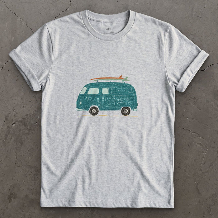 Somewhere Between Here and the Coast, Van Life design on a Sport Grey Gildan Softstyle t-shirt