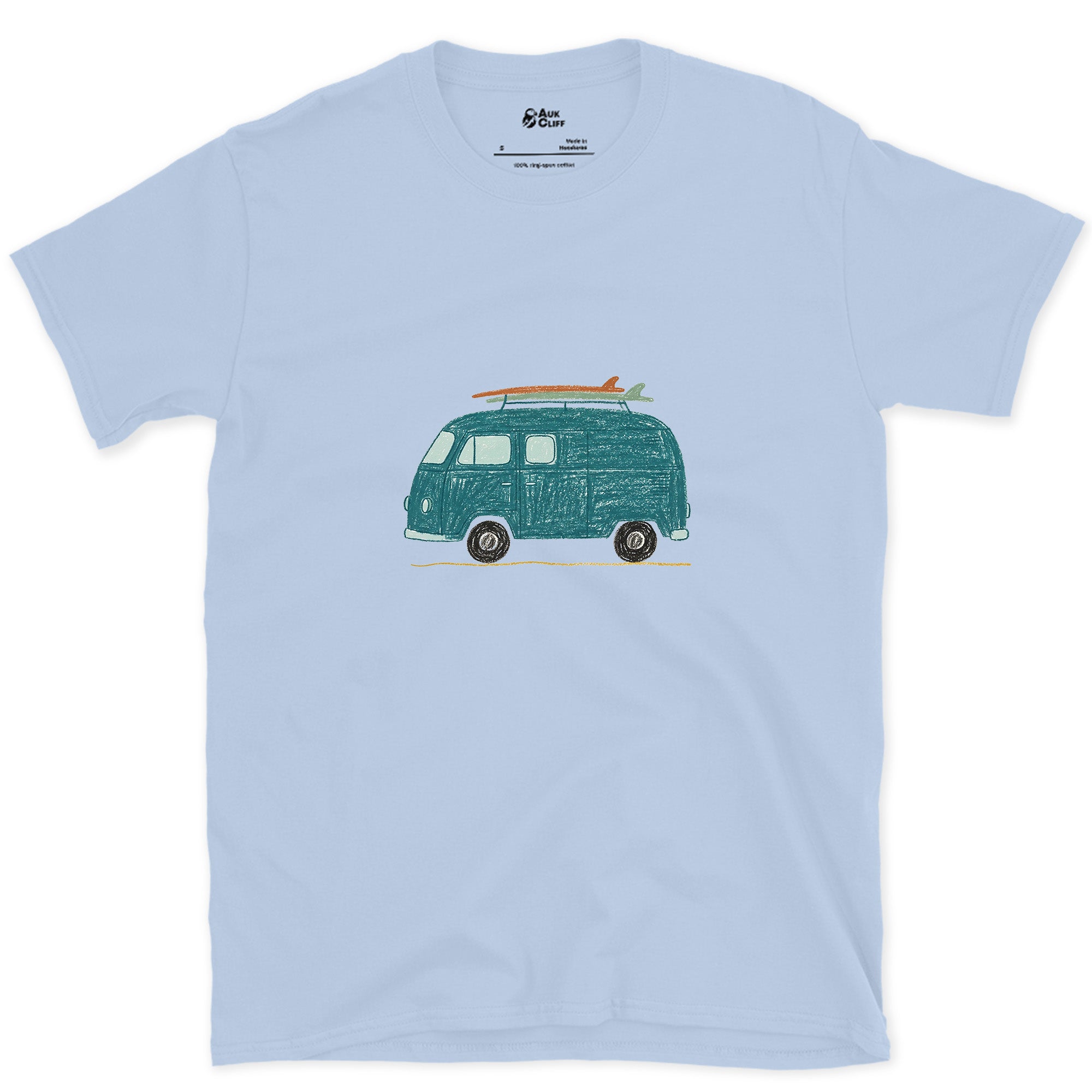Somewhere Between Here and the Coast, Van Life design on a Light Blue Gildan Softstyle t-shirt