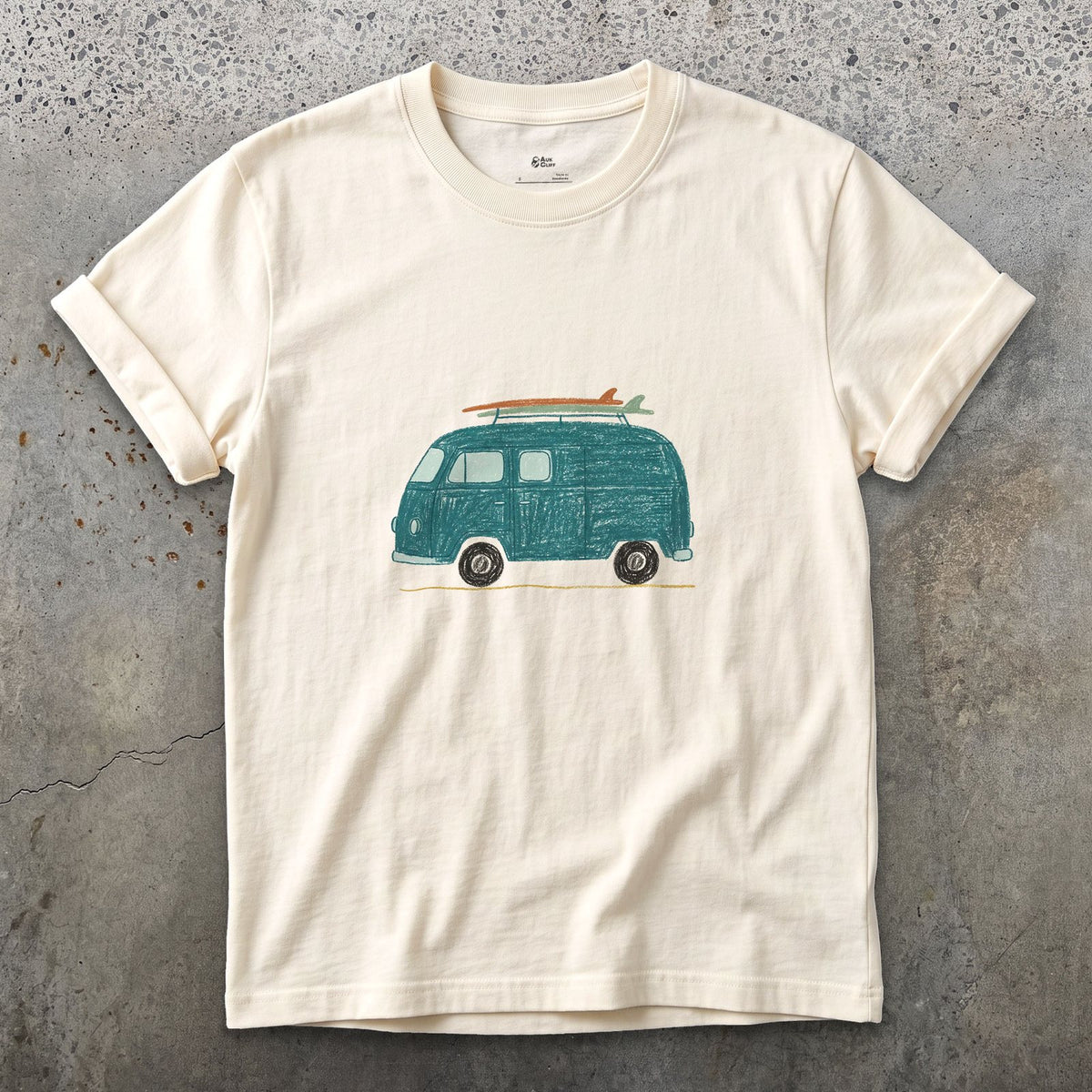 Somewhere Between Here and the Coast, Van Life design on a Natural Gildan Softstyle t-shirt