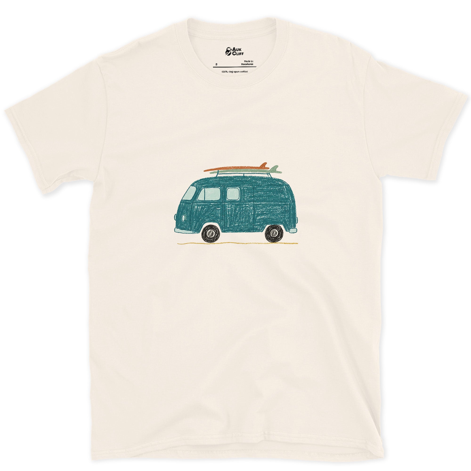 Somewhere Between Here and the Coast, Van Life design on a Natural Gildan Softstyle t-shirt