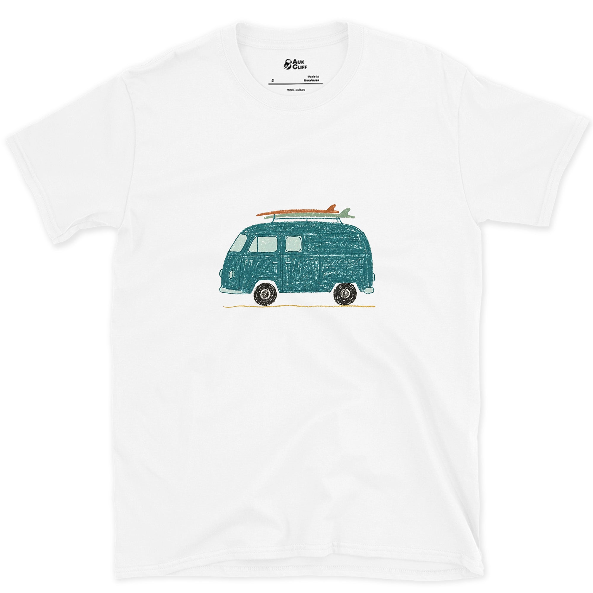 Somewhere Between Here and the Coast, Van Life design on a White Gildan Softstyle t-shirt