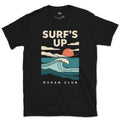 Surf's Up, Sunrise Wave design on a Black Gildan Softstyle t-shirt