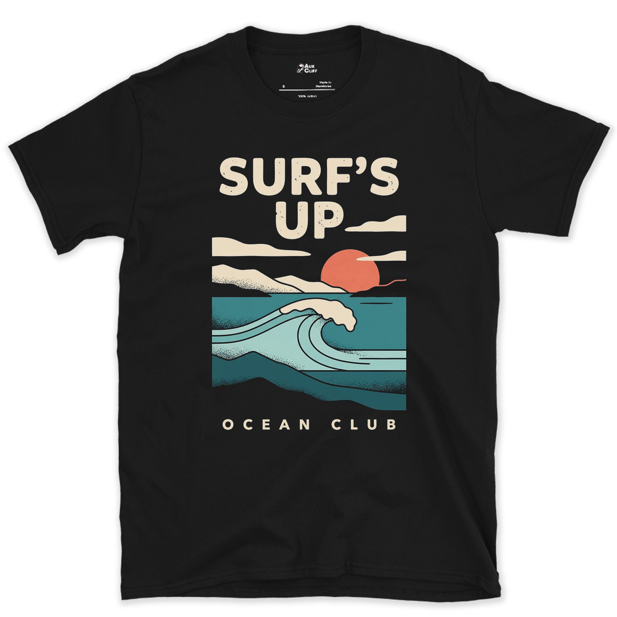 Surf's Up, Sunrise Wave design on a Black Gildan Softstyle t-shirt