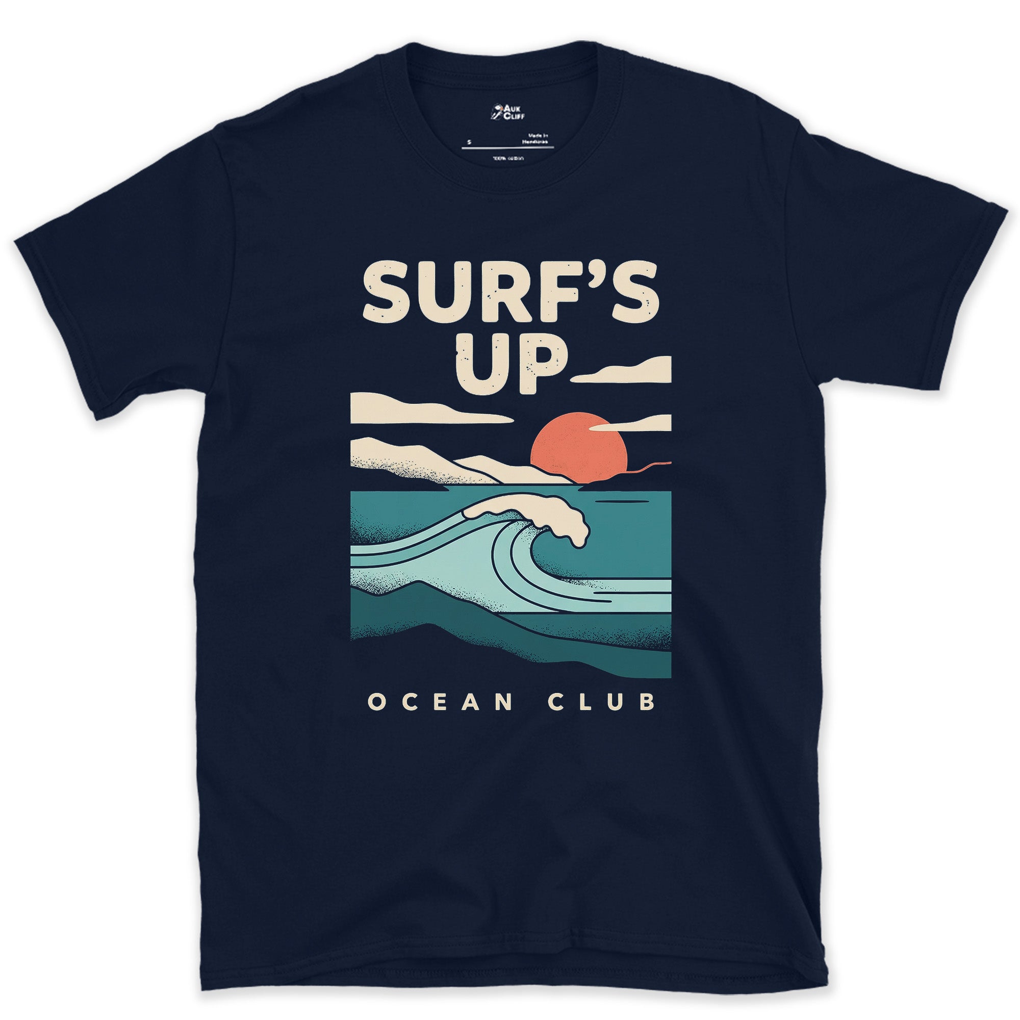 Surf's Up, Sunrise Wave design on a Navy Gildan Softstyle t-shirt
