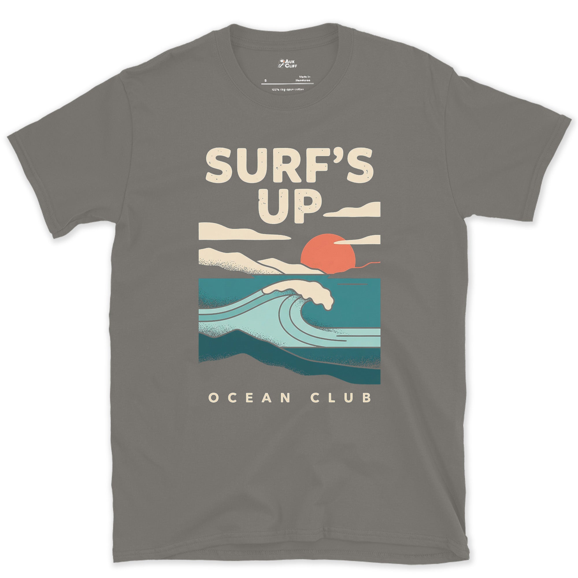 Surf's Up, Sunrise Wave design on a Charcoal Gildan Softstyle t-shirt