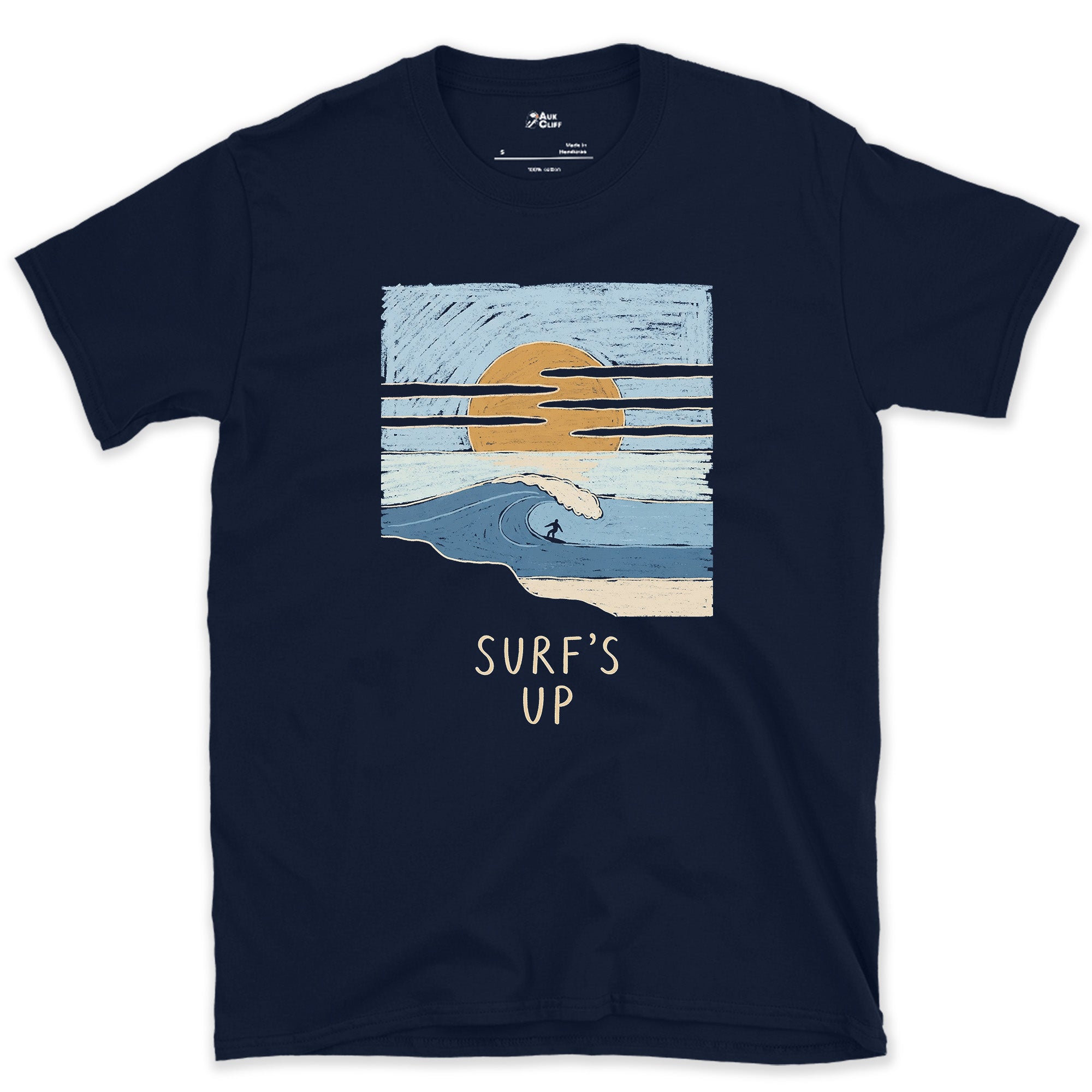 Surf's Up, Rider at Sunset design on a Navy Gildan Softstyle t-shirt