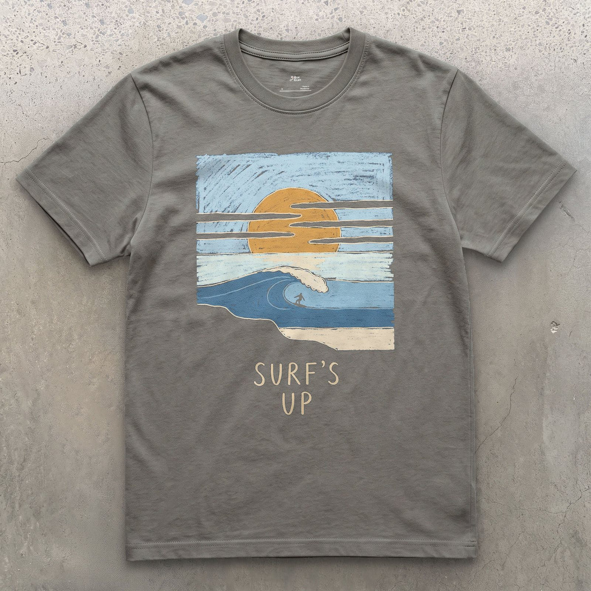 Surf's Up, Rider at Sunset design on a Charcoal Gildan Softstyle t-shirt