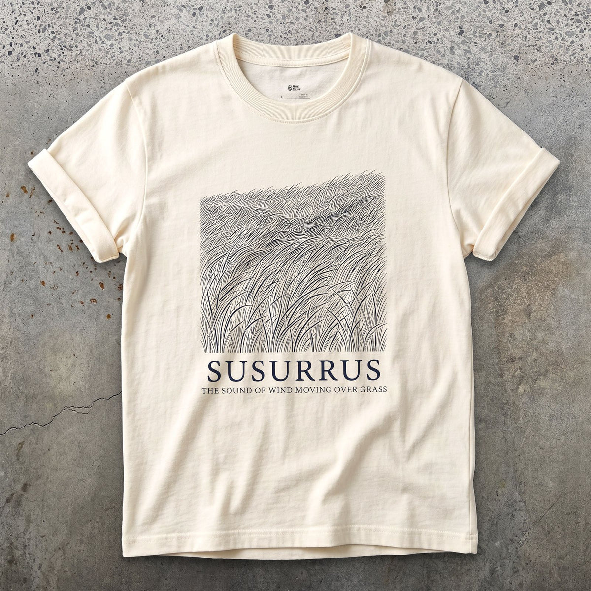 Susurrus, the Sound of Wind Moving Over Grass design on a Natural Gildan Softstyle t-shirt