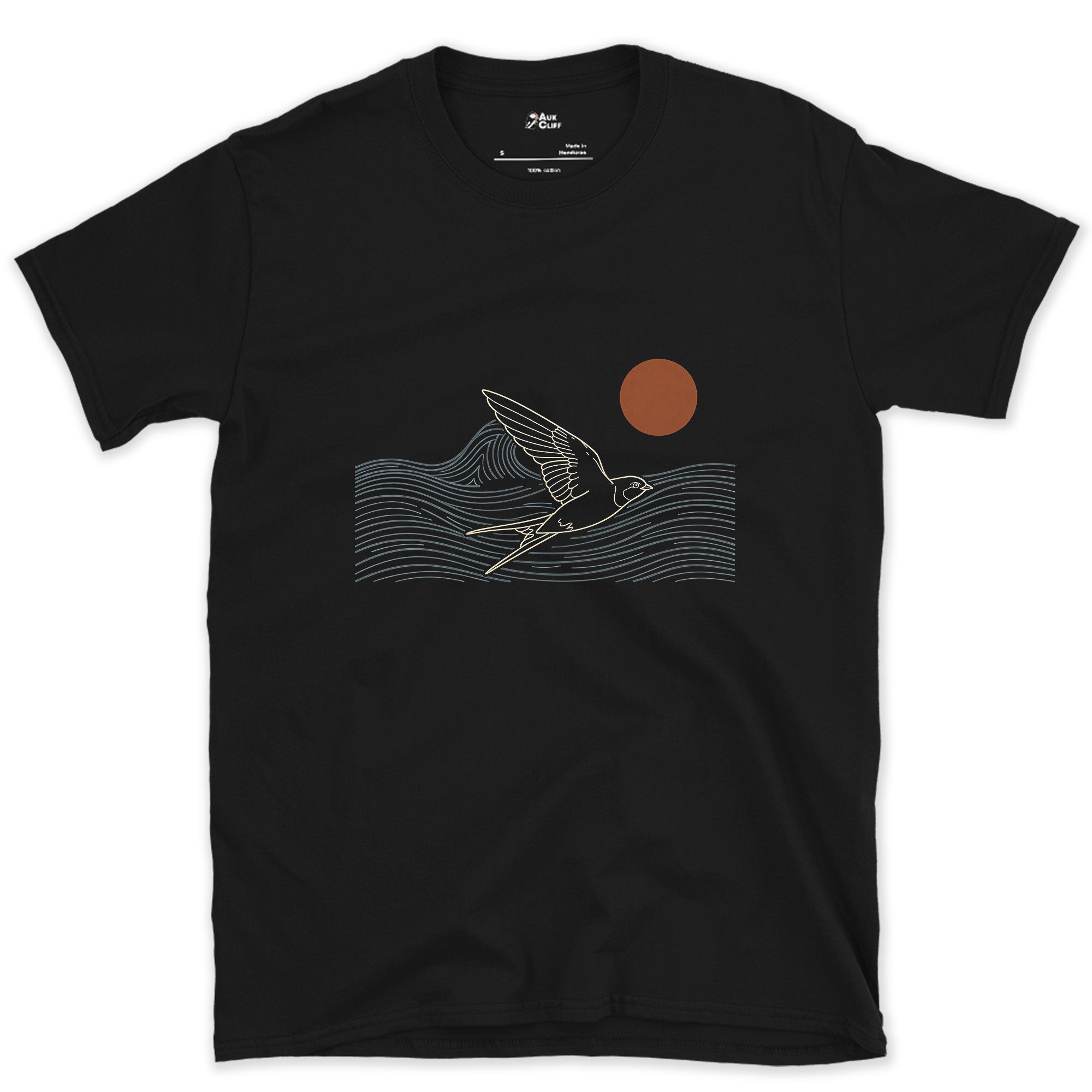 A Few Clean Lines, Swallow Above the Waves design on a Black Gildan Softstyle t-shirt