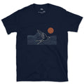 A Few Clean Lines, Swallow Above the Waves design on a Navy Gildan Softstyle t-shirt