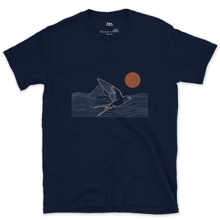 A Few Clean Lines, Swallow Above the Waves design on a Navy Gildan Softstyle t-shirt