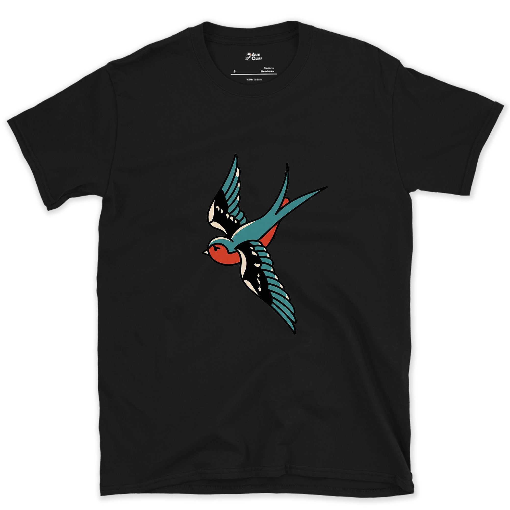 A Swallow in Bold Traditional Ink, Light design on a Black Gildan Softstyle t-shirt