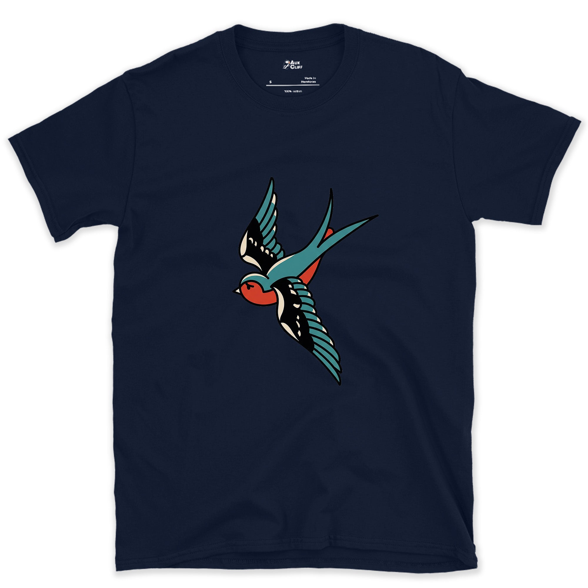 A Swallow in Bold Traditional Ink, Light design on a Navy Gildan Softstyle t-shirt