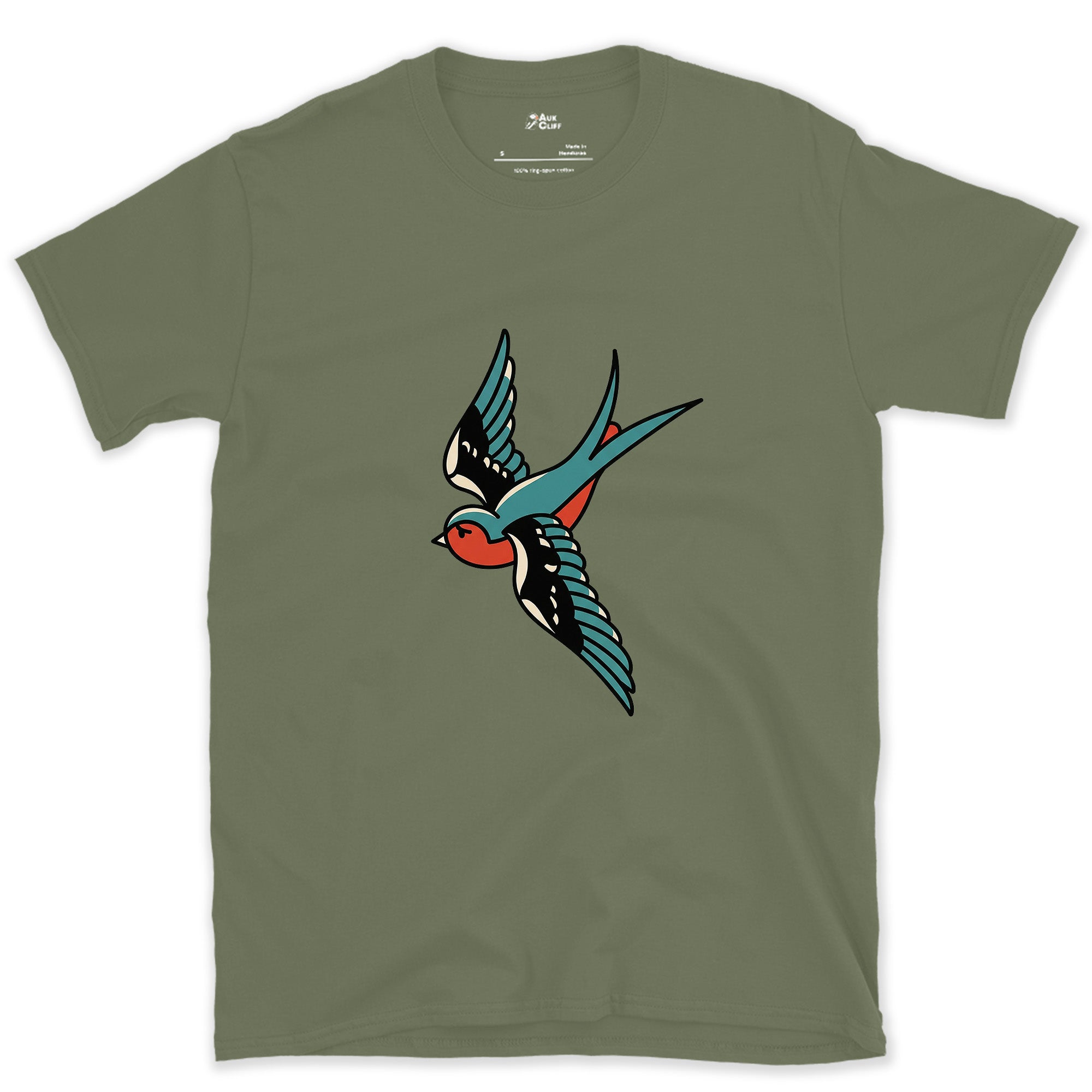 A Swallow in Bold Traditional Ink, Light design on a Military Green Gildan Softstyle t-shirt