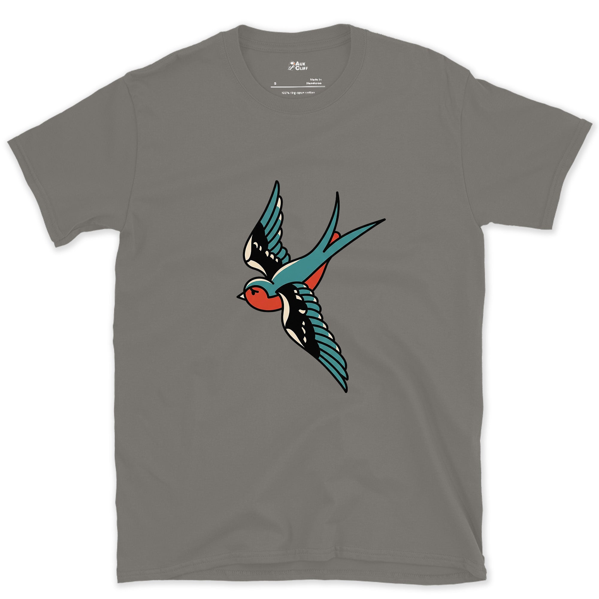 A Swallow in Bold Traditional Ink, Light design on a Charcoal Gildan Softstyle t-shirt