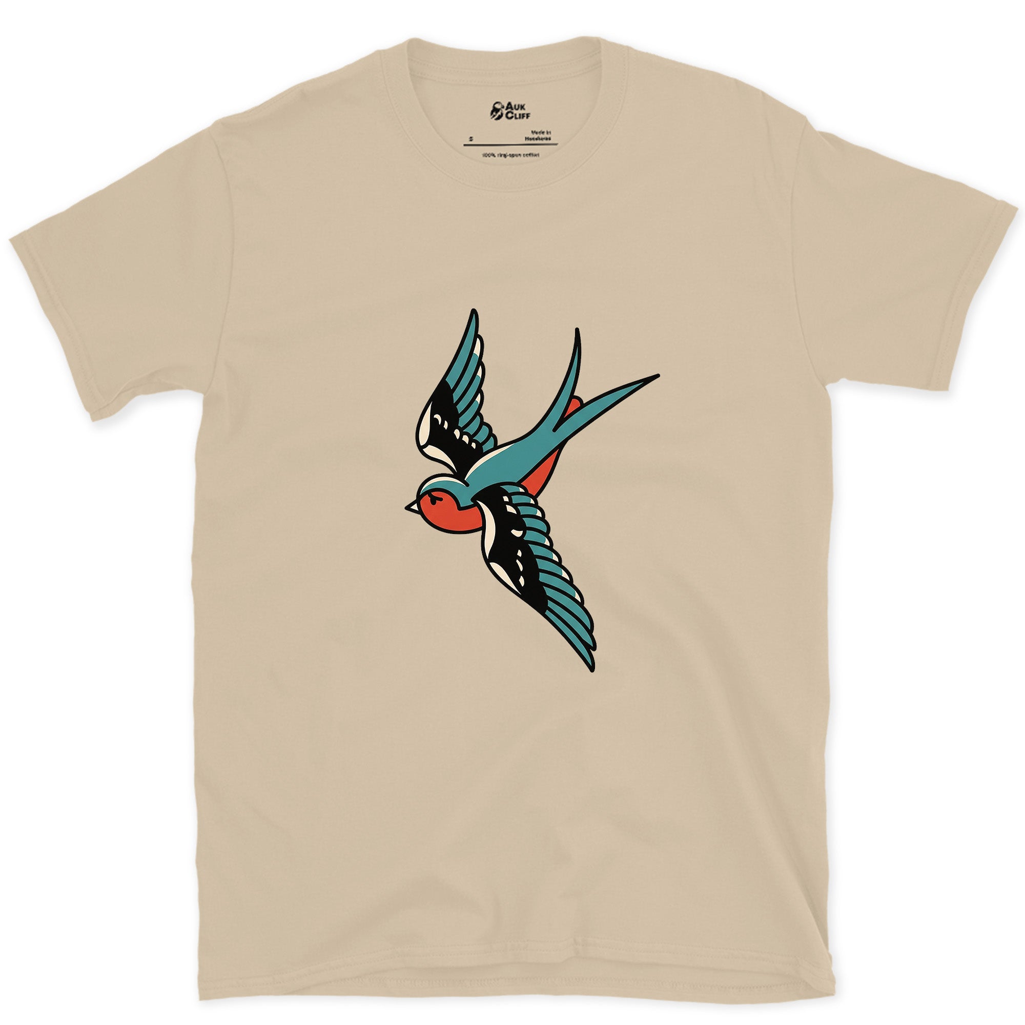 A Swallow in Bold Traditional Ink, Light design on a Sand Gildan Softstyle t-shirt