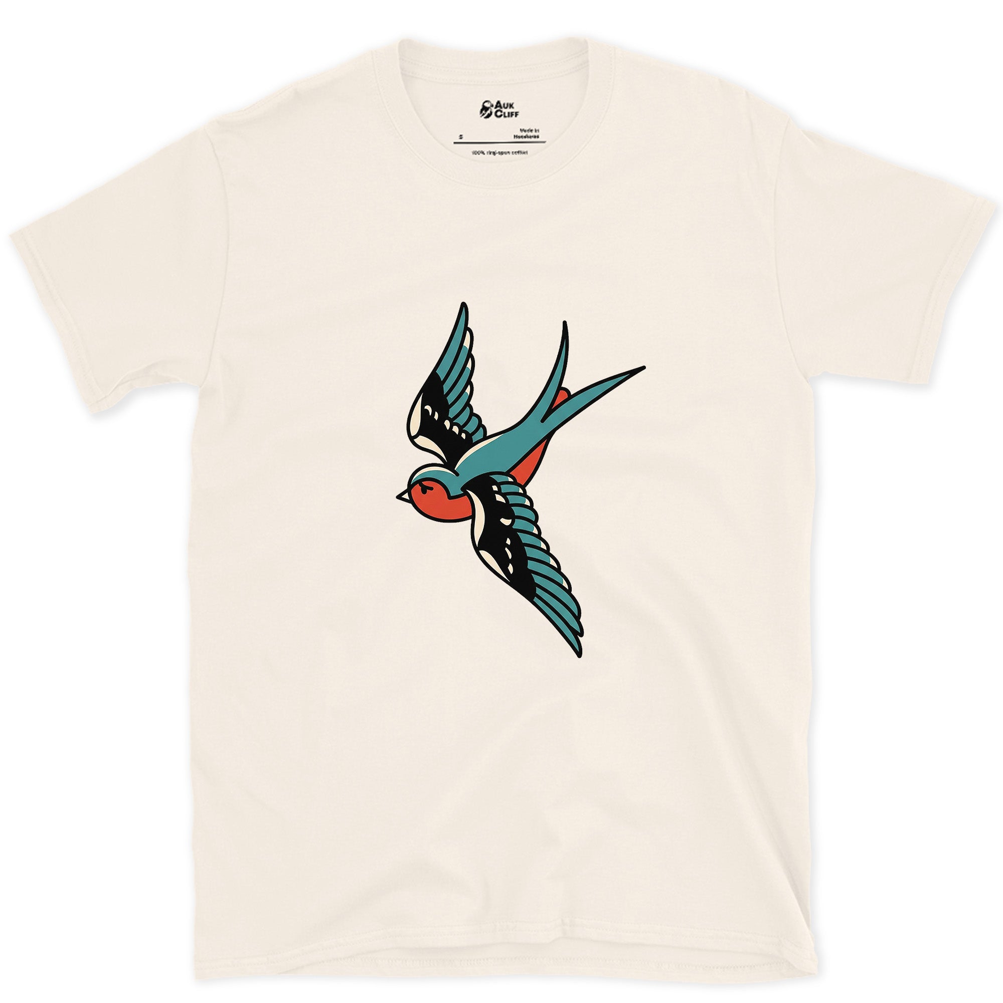 A Swallow in Bold Traditional Ink, Light design on a Natural Gildan Softstyle t-shirt