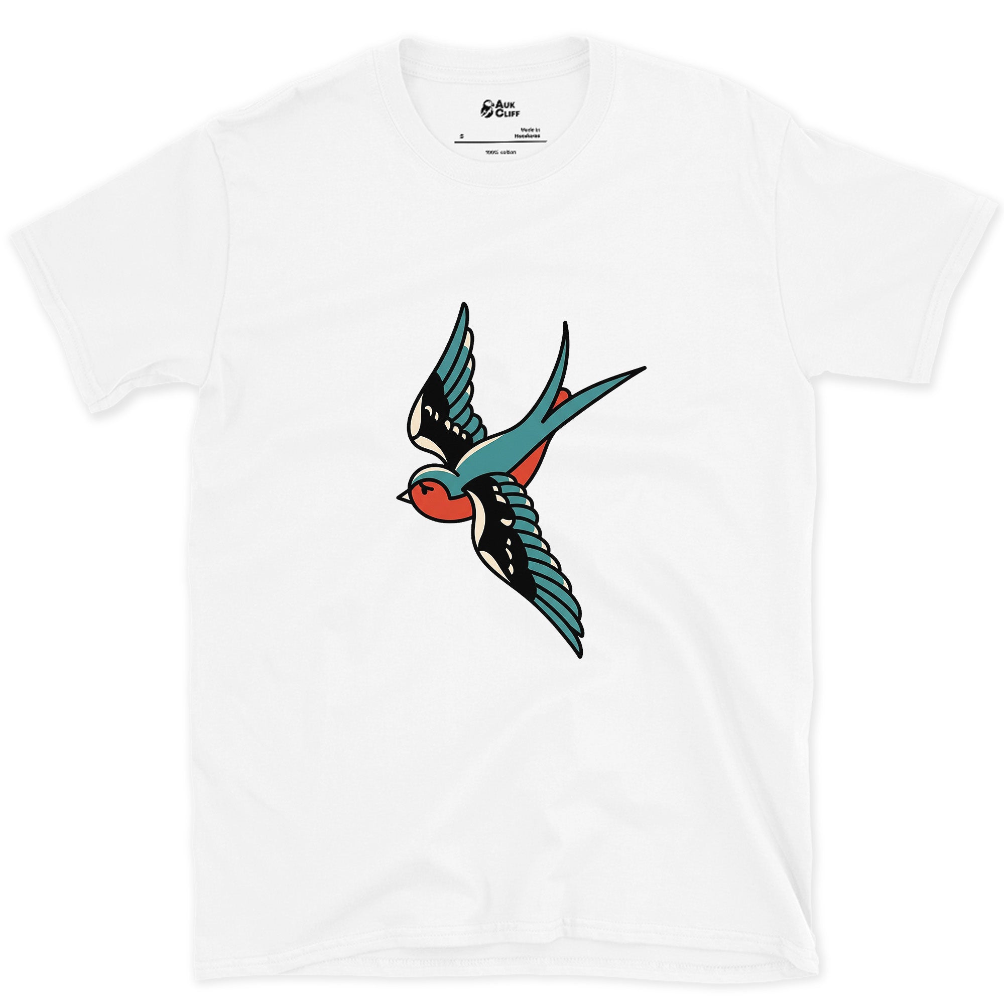 A Swallow in Bold Traditional Ink, Light design on a White Gildan Softstyle t-shirt