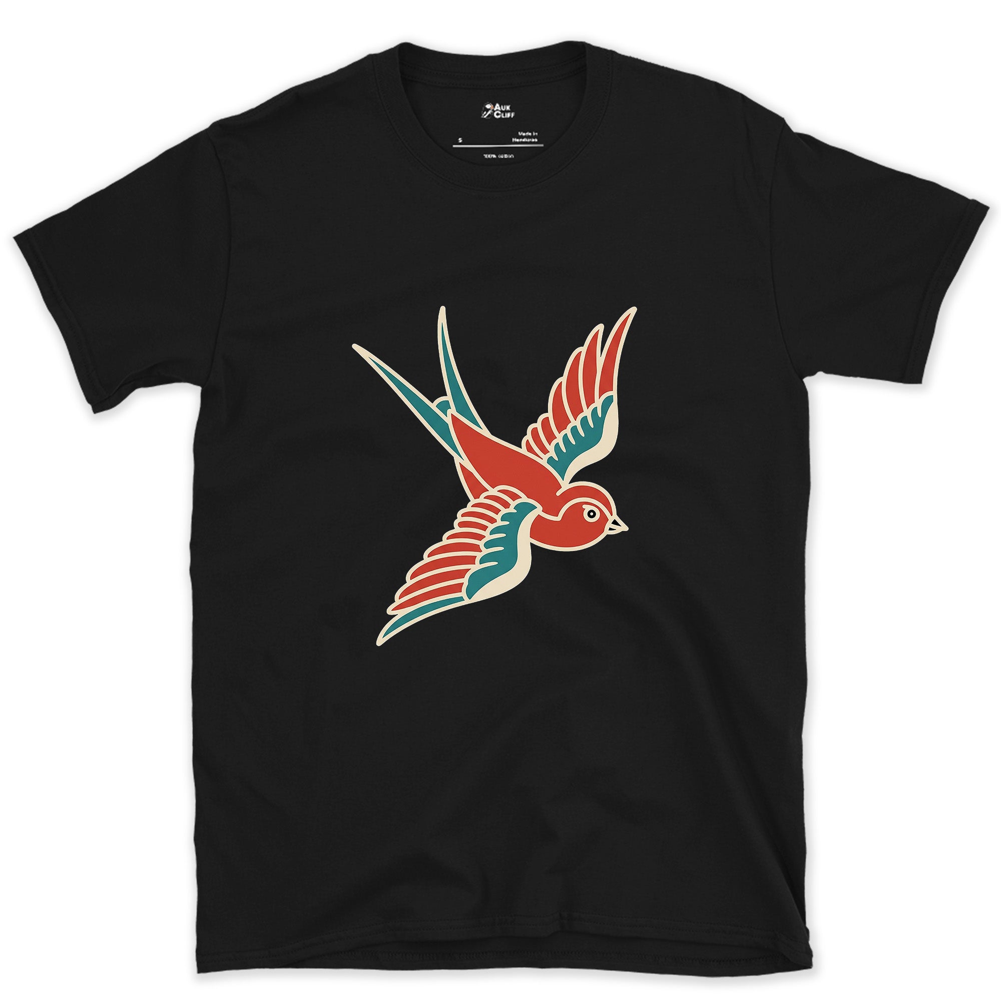A Swallow in Bold Traditional Ink, Dark design on a Black Gildan Softstyle t-shirt