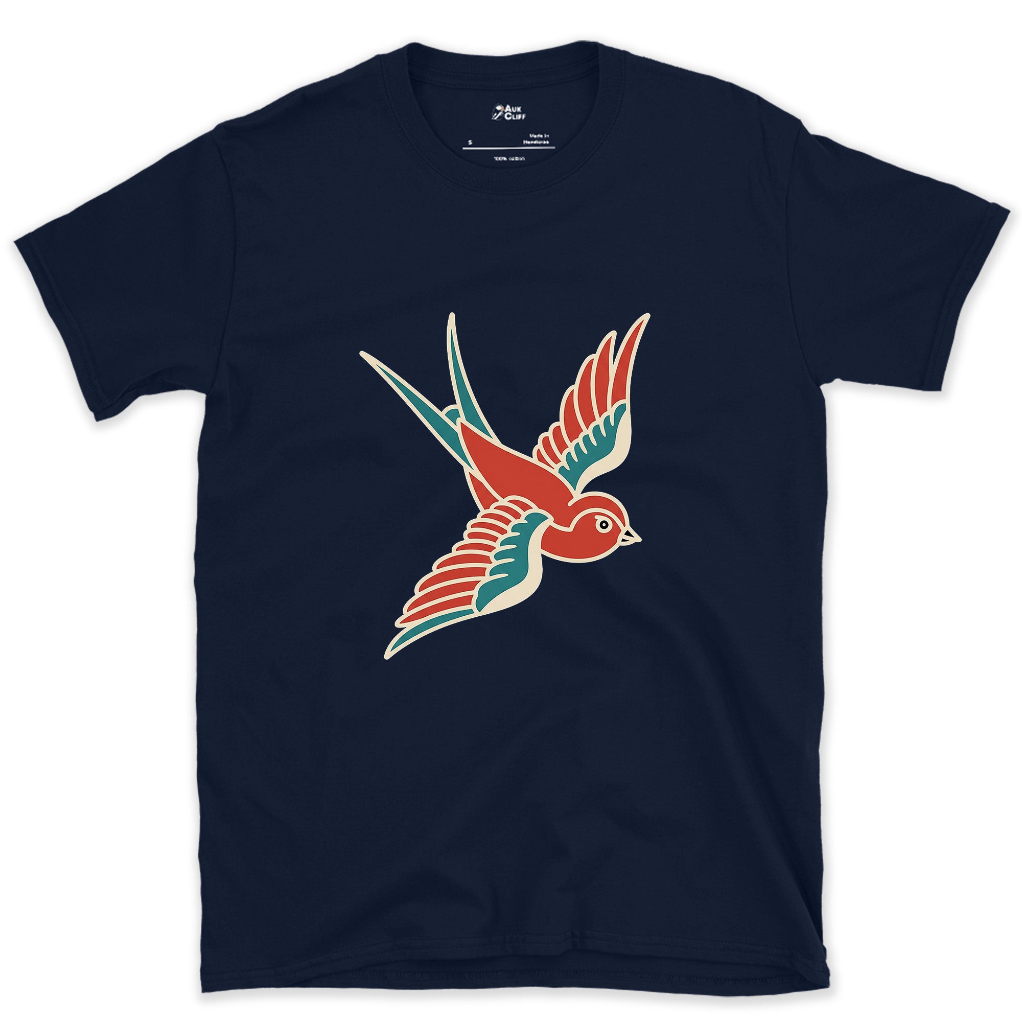 A Swallow in Bold Traditional Ink, Dark design on a Navy Gildan Softstyle t-shirt
