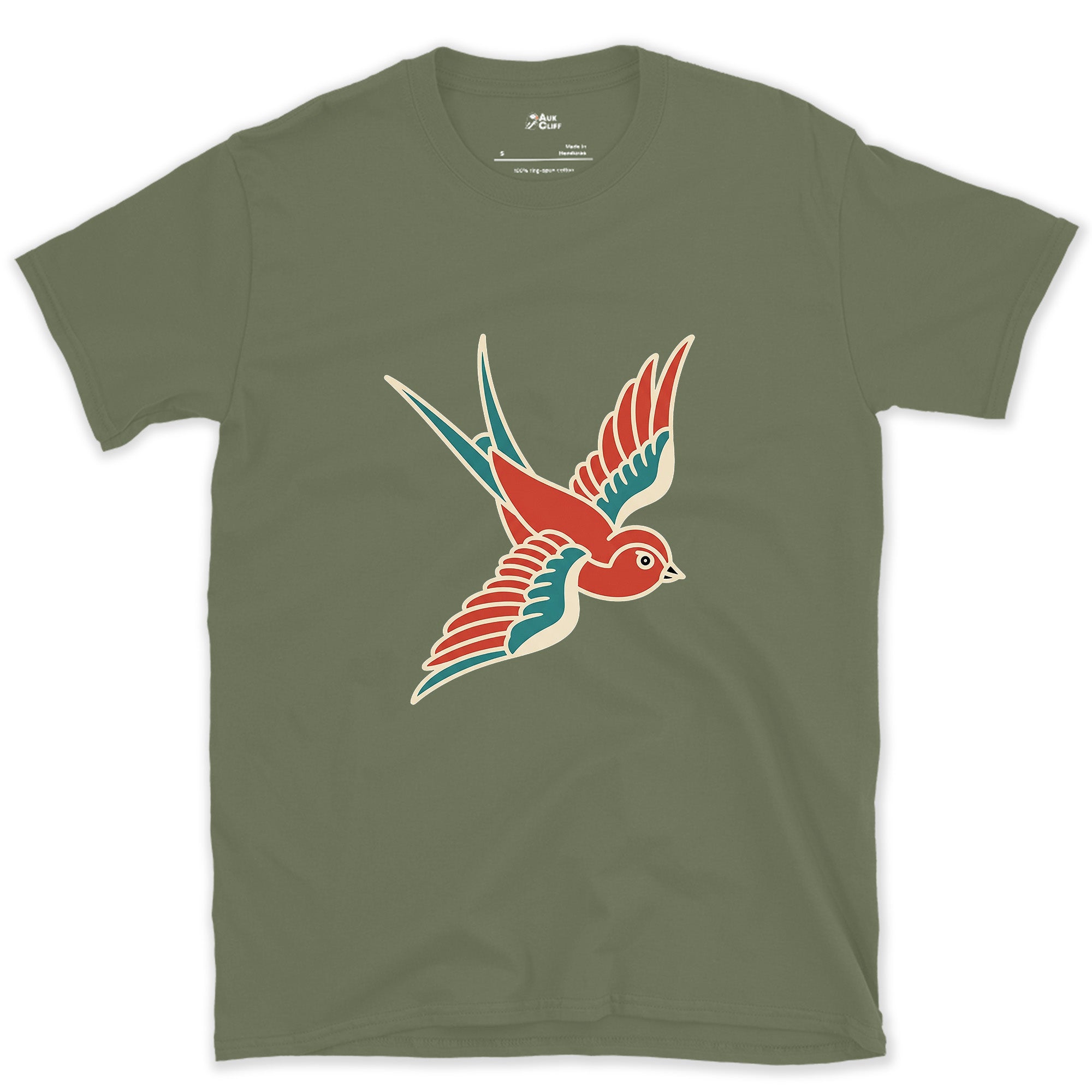 A Swallow in Bold Traditional Ink, Dark design on a Military Green Gildan Softstyle t-shirt