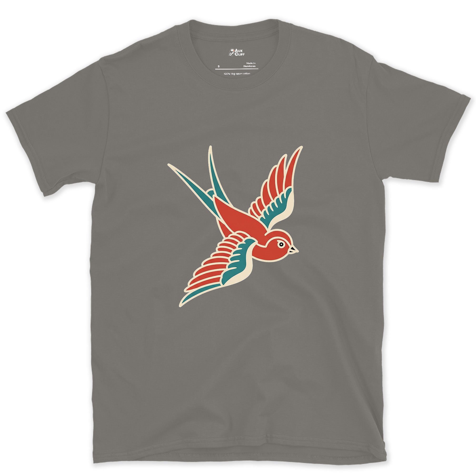 A Swallow in Bold Traditional Ink, Dark design on a Charcoal Gildan Softstyle t-shirt