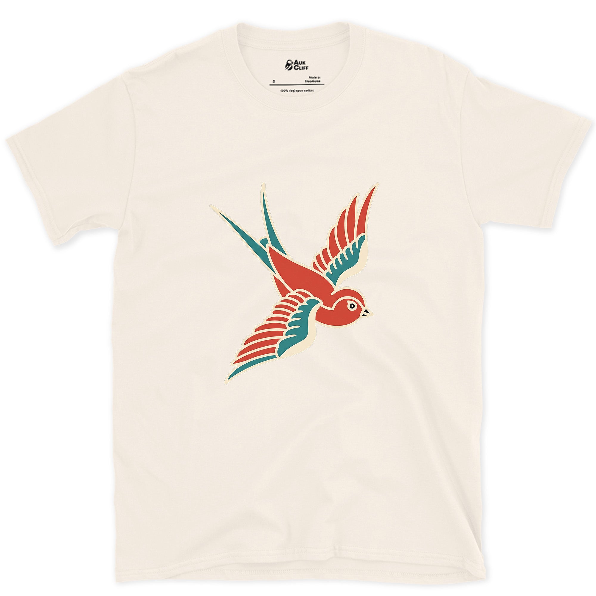 A Swallow in Bold Traditional Ink, Dark design on a Natural Gildan Softstyle t-shirt