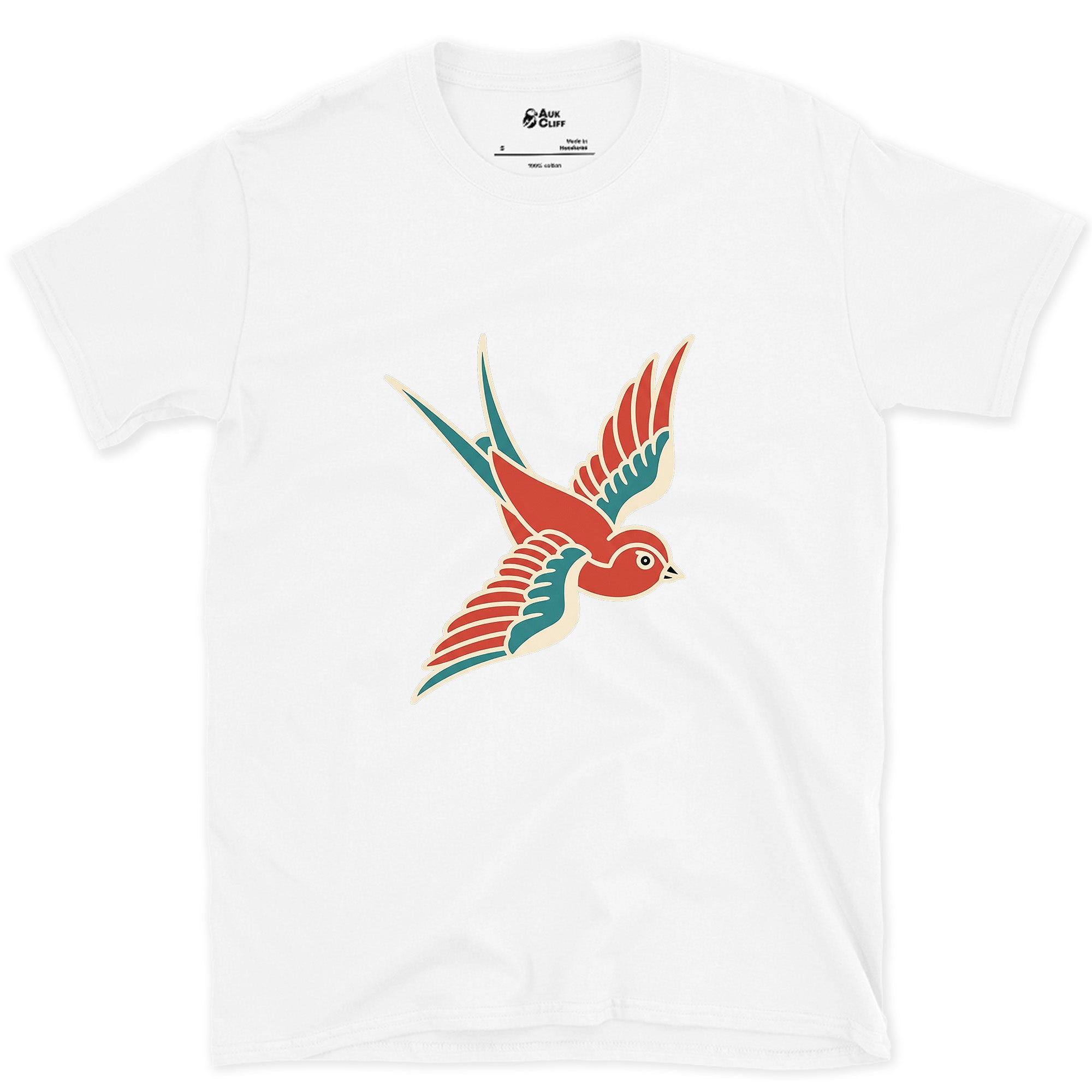 A Swallow in Bold Traditional Ink, Dark design on a White Gildan Softstyle t-shirt