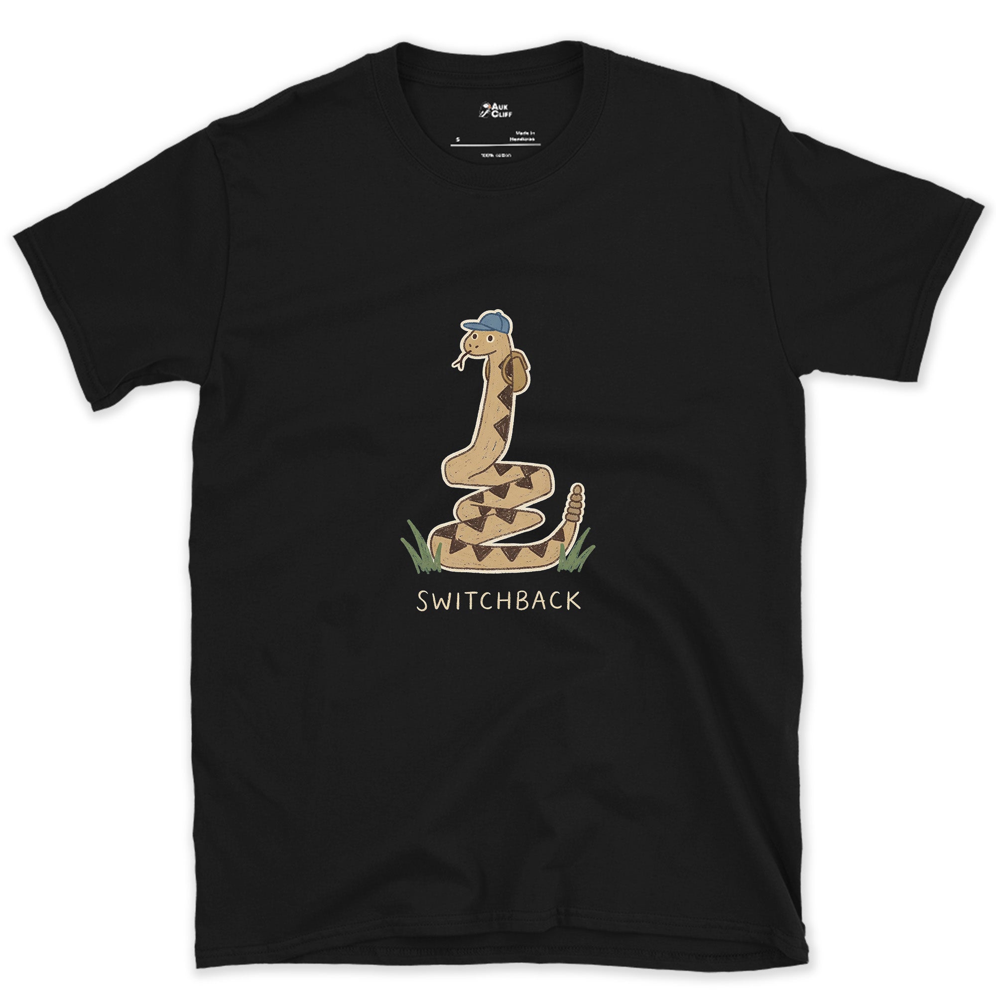 Switchback, Rattlesnake in a Cap design on a Black Gildan Softstyle t-shirt