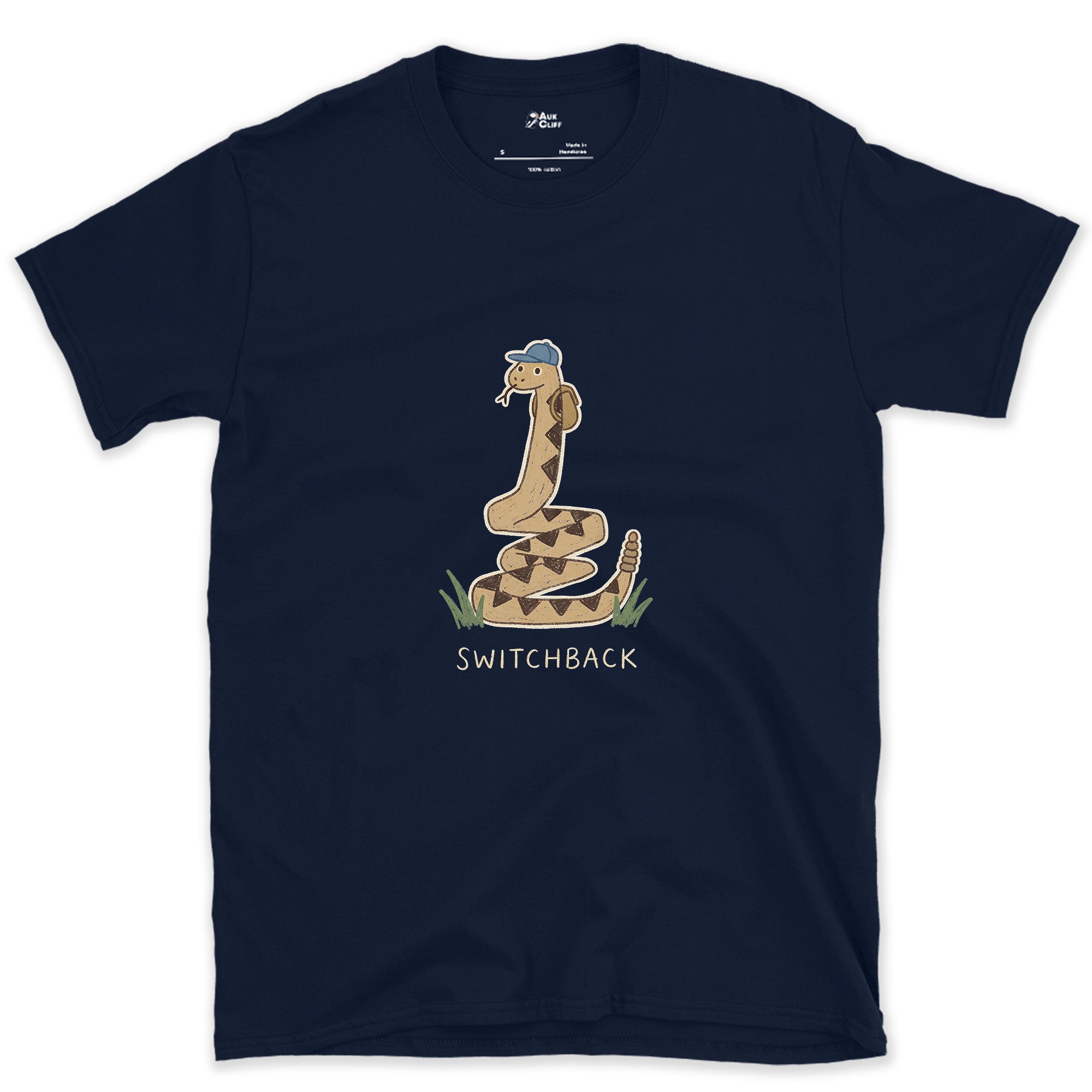 Switchback, Rattlesnake in a Cap design on a Navy Gildan Softstyle t-shirt