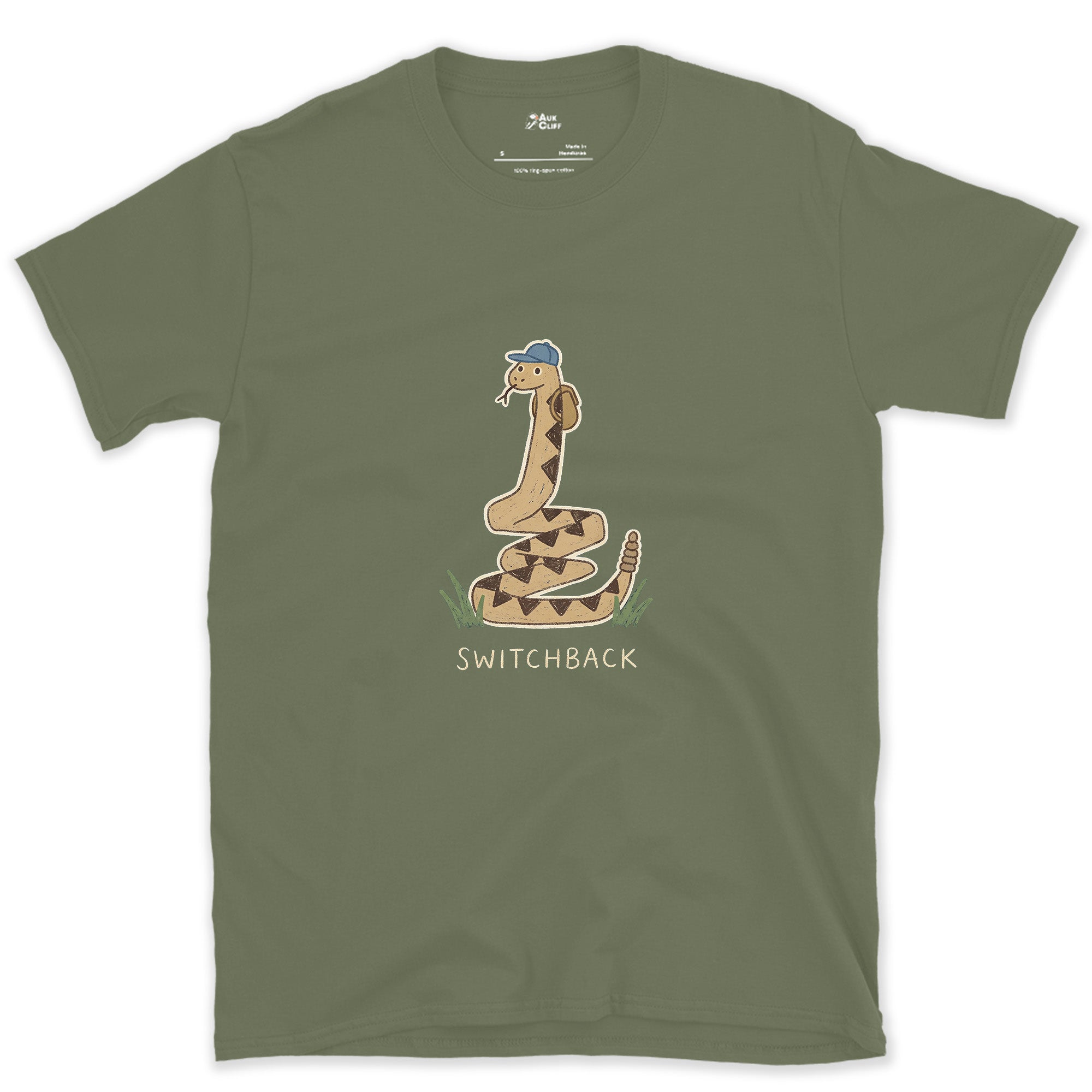 Switchback, Rattlesnake in a Cap design on a Military Green Gildan Softstyle t-shirt