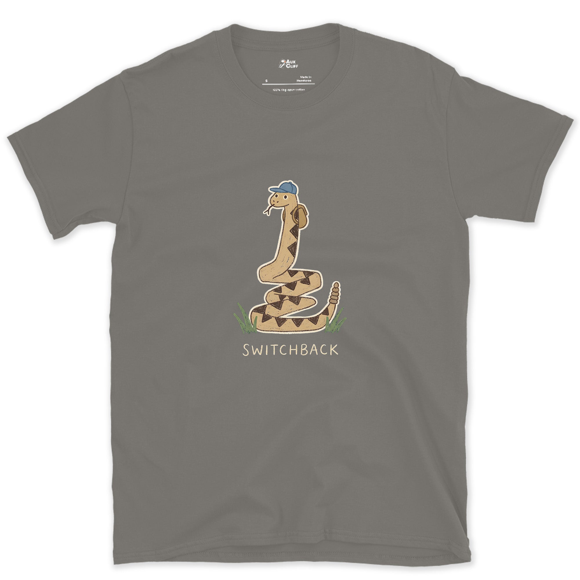 Switchback, Rattlesnake in a Cap design on a Charcoal Gildan Softstyle t-shirt