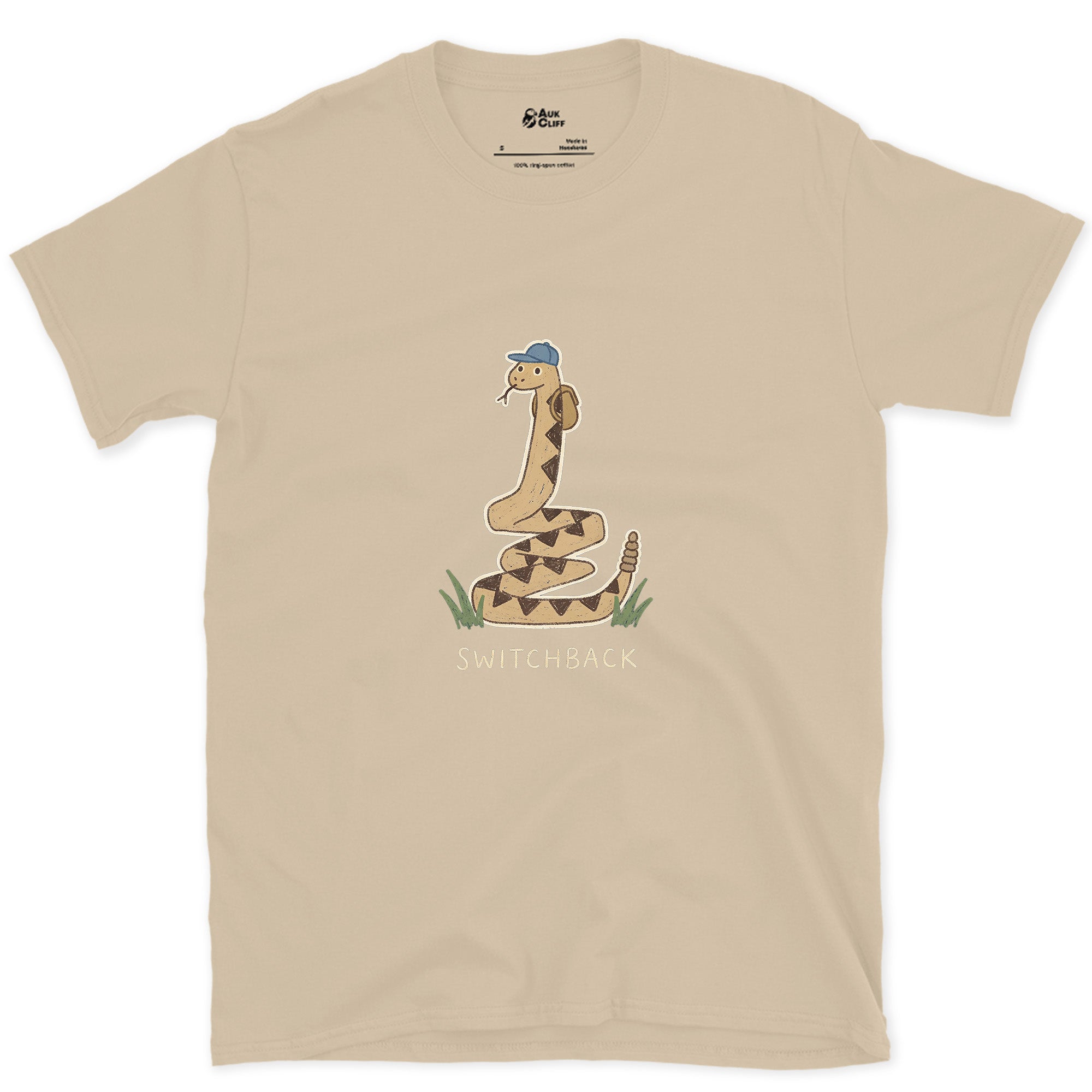 Switchback, Rattlesnake in a Cap design on a Sand Gildan Softstyle t-shirt