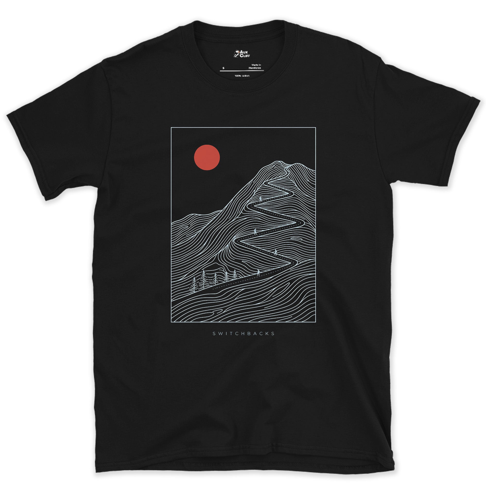 Doubling Back Along the Switchbacks Toward a Red Sun design on a Black Gildan Softstyle t-shirt