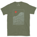 Doubling Back Along the Switchbacks Toward a Red Sun design on a Military Green Gildan Softstyle t-shirt