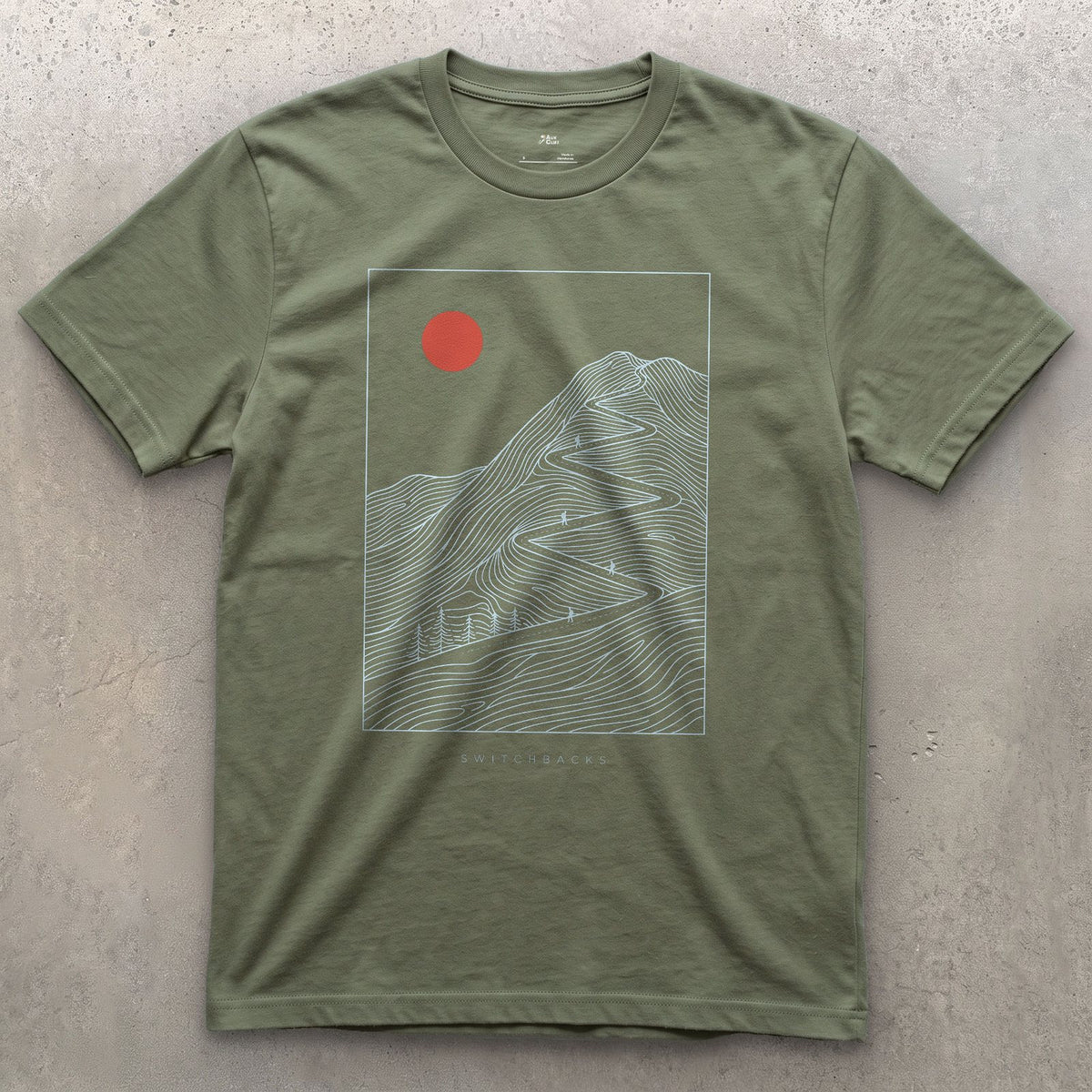 Doubling Back Along the Switchbacks Toward a Red Sun design on a Military Green Gildan Softstyle t-shirt