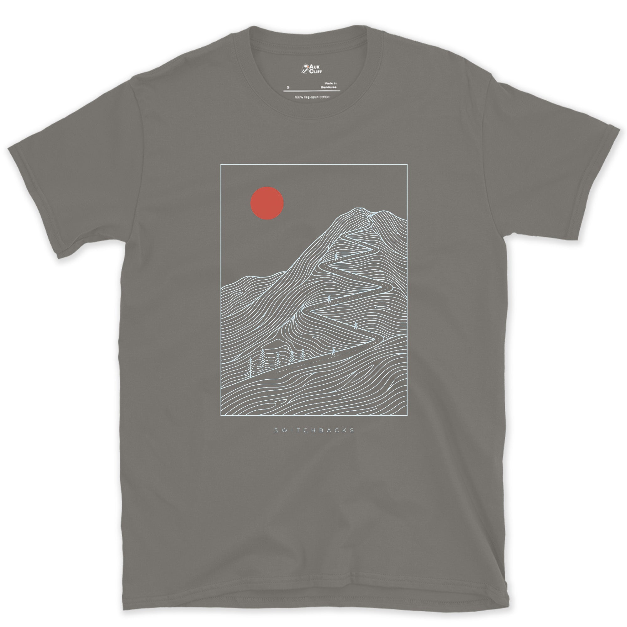 Doubling Back Along the Switchbacks Toward a Red Sun design on a Charcoal Gildan Softstyle t-shirt