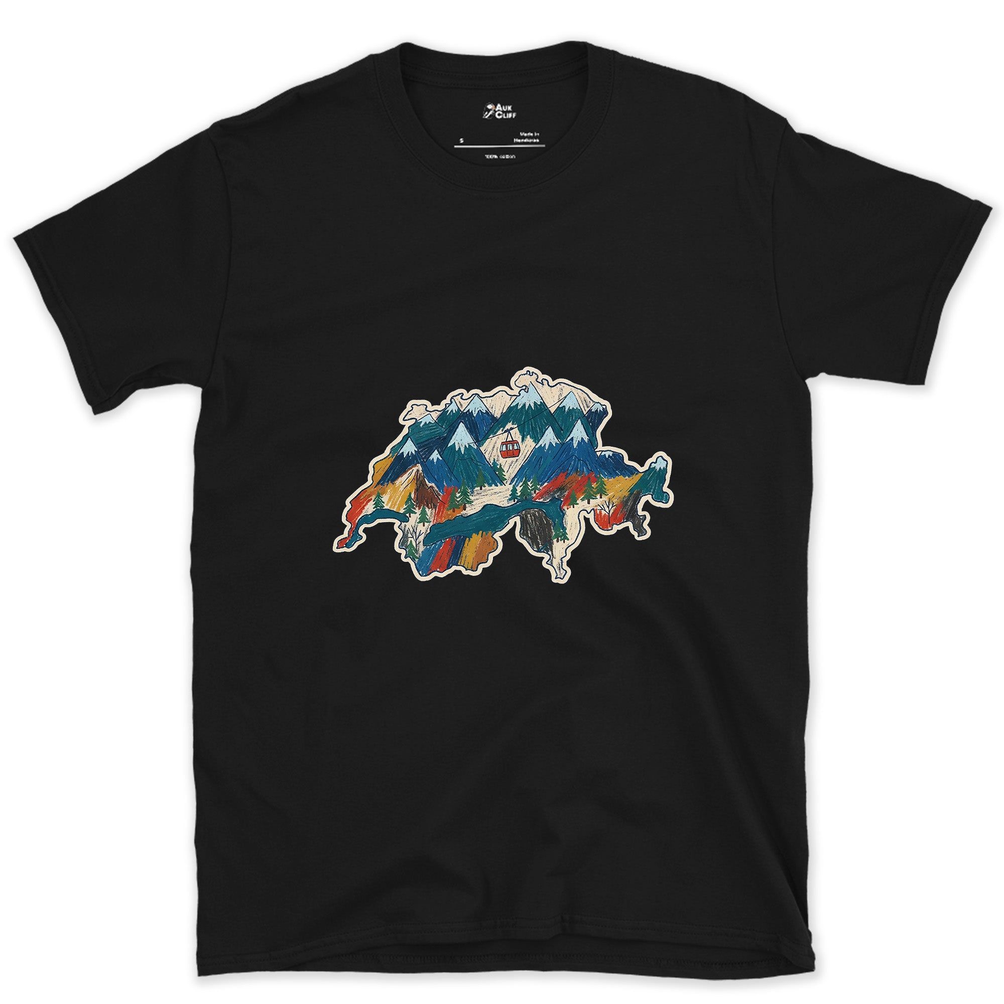 Peaks Stacked Into the Shape of Switzerland design on a Black Gildan Softstyle t-shirt