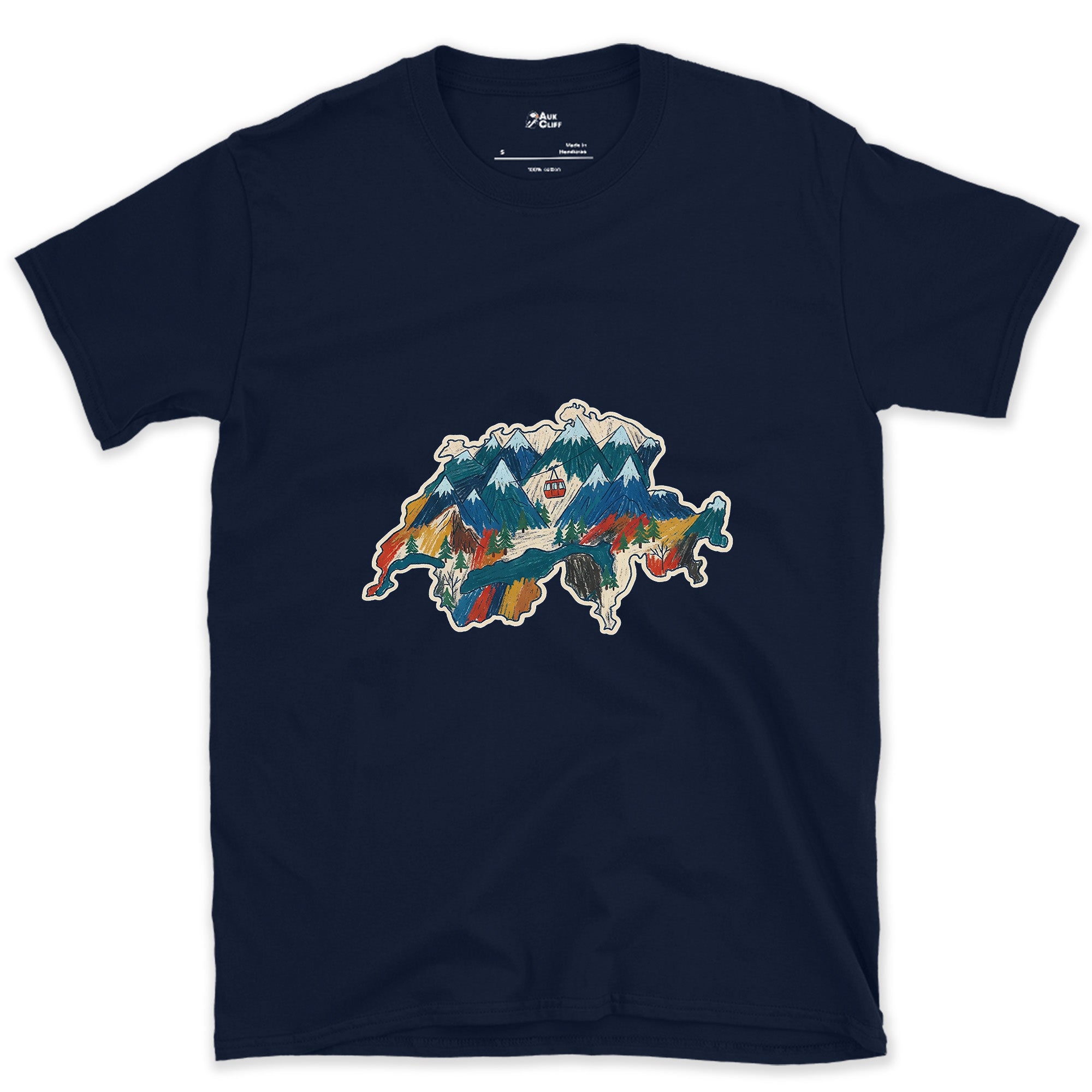 Peaks Stacked Into the Shape of Switzerland design on a Navy Gildan Softstyle t-shirt