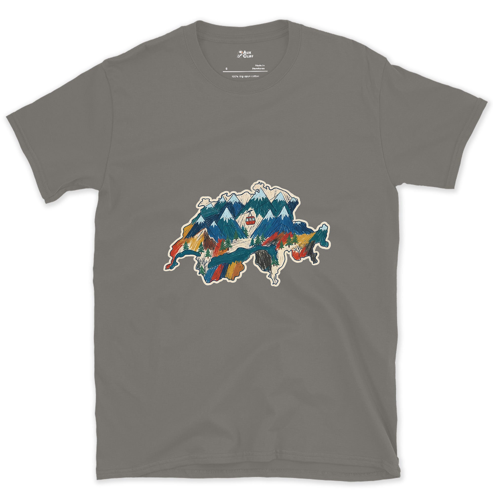 Peaks Stacked Into the Shape of Switzerland design on a Charcoal Gildan Softstyle t-shirt