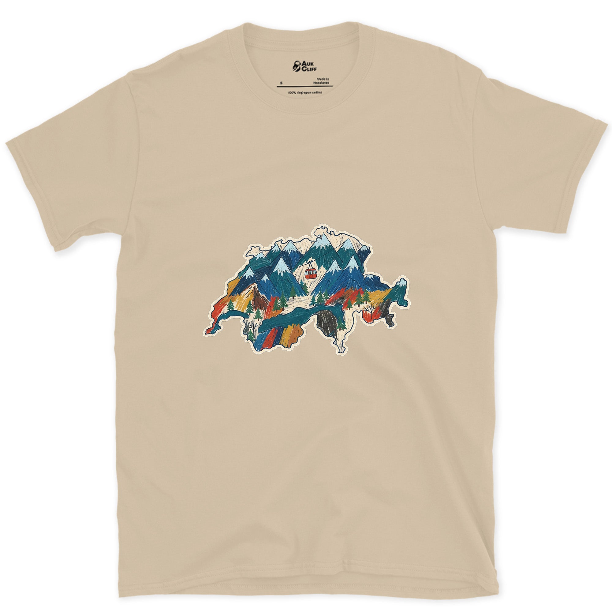 Peaks Stacked Into the Shape of Switzerland design on a Sand Gildan Softstyle t-shirt